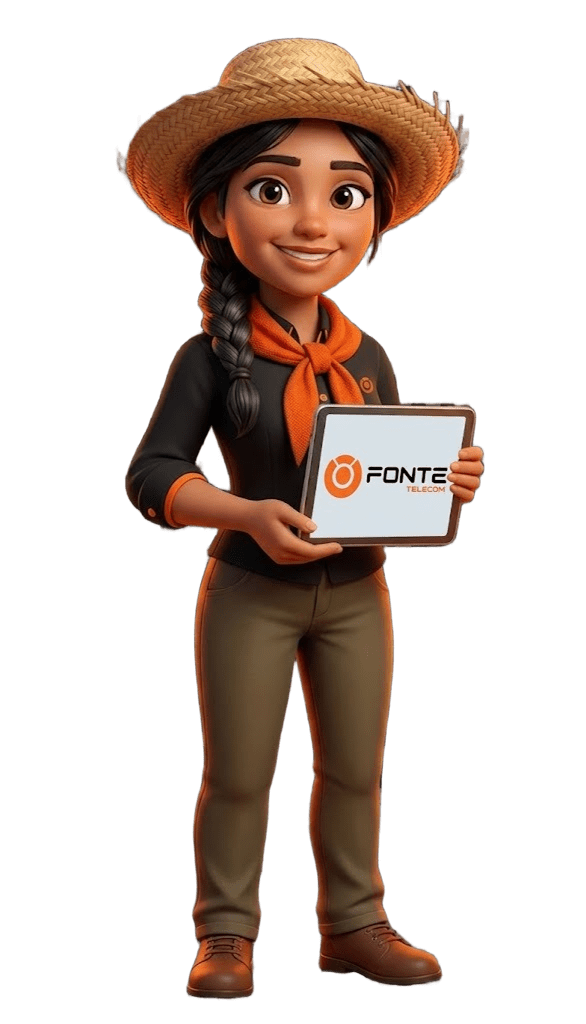Avatar ilustrado de uma mulher da zona rural de chapéu de palha, segurando um tablet com o logo da FONTE Telecom